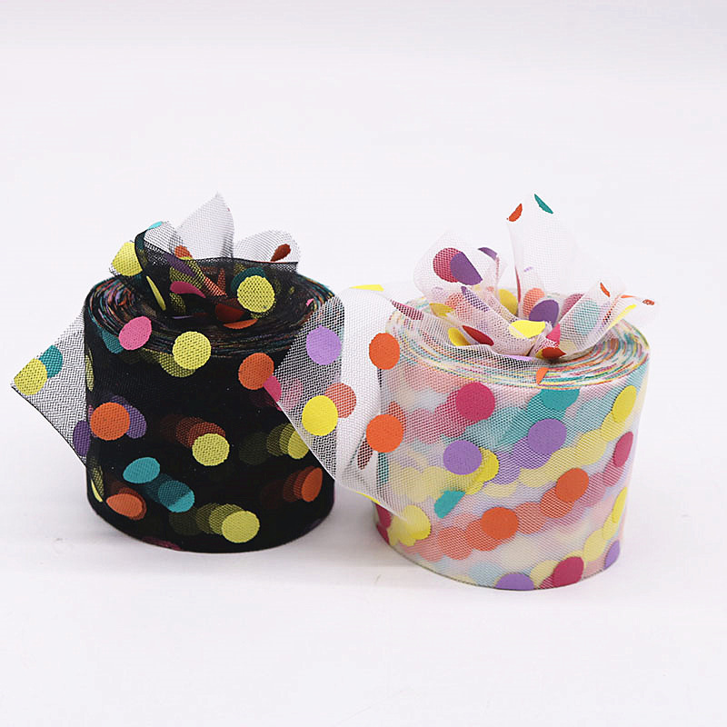 6cm*20yards  Screen offset printing colorful polka dot tulle fabric DIY hair accessories shoes clothing accessories   HX912