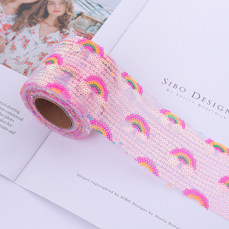 6cm*5m   Rainbow mesh sequin embroidery  DIY bow accessories accessories ribbon   Embroidered sequin mesh roll   A003