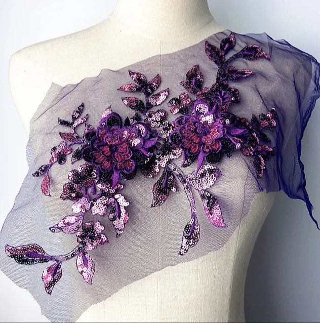 1 PCS CHICKNIT 34*21cm purple 3D costume wedding new sequin embroidery lace gown applique clothes diy gown clothing accessories ZA77