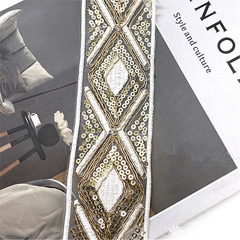 5cm Sequins embroidered bar code gold and silver thread lace Garment Accessory Sewing Material Dress Embellished With Webbing Mesh Sequins Embroidered Lace ZB033