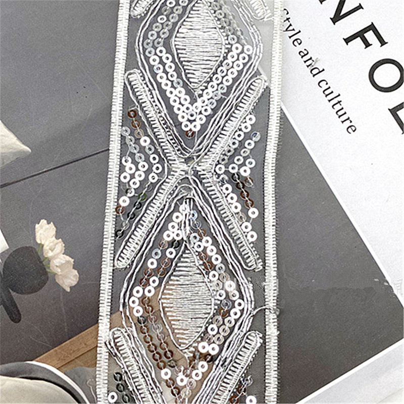 5cm Sequins embroidered bar code gold and silver thread lace Garment Accessory Sewing Material Dress Embellished With Webbing Mesh Sequins Embroidered Lace ZB033