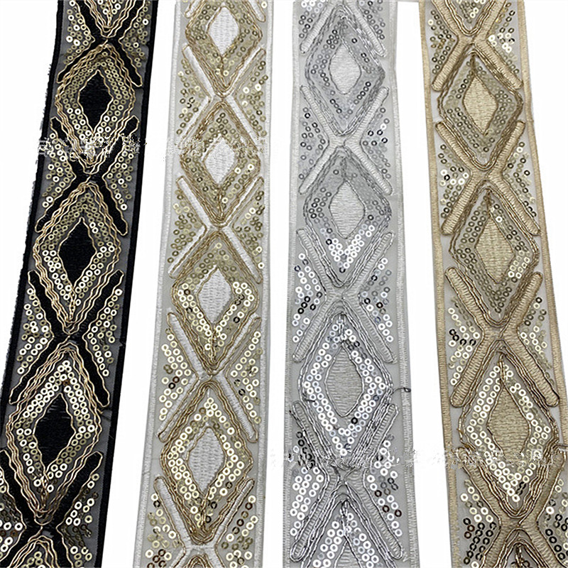5cm Sequins embroidered bar code gold and silver thread lace Garment Accessory Sewing Material Dress Embellished With Webbing Mesh Sequins Embroidered Lace ZB033