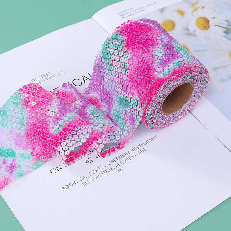 6cm*10yards   Rainbow gradient mesh sequin embroidery,Gradient sequin mesh roll accessories webbing  H001-1