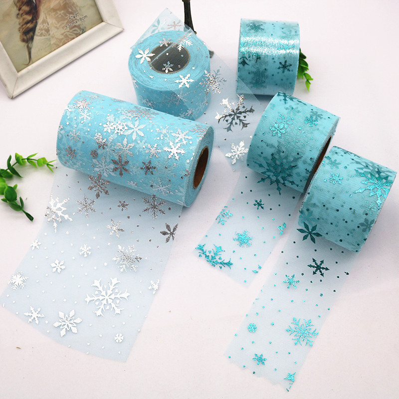 6/8/10/13cm*25yards  Frozen Mesh Roll,Blue snowflake mesh gauze bow accessories,DIY birthday party decorations   HX096-1