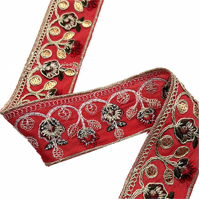 5CM Ethnic style gold thread embroidery lace trimming Collar sequin webbing Retro clothing accessories ZB036