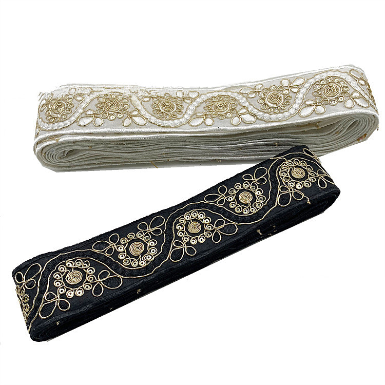 4cm Golden Sequins Guipure Lace Ribbon Handmade Embroidered Curtain Lace Trim Bar Code For Clothing Decoration ZB037