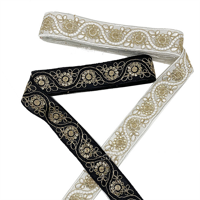 4cm Golden Sequins Guipure Lace Ribbon Handmade Embroidered Curtain Lace Trim Bar Code For Clothing Decoration ZB037