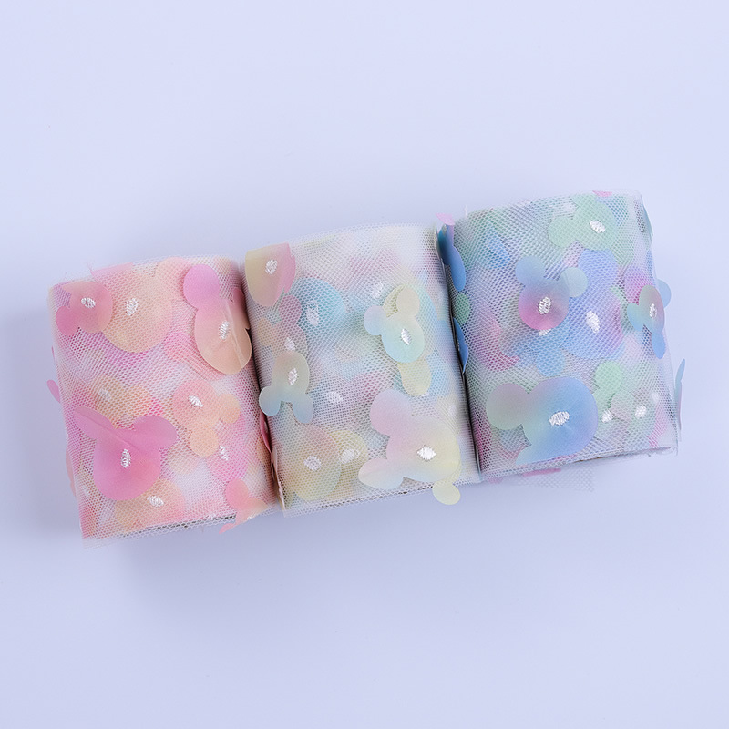6cm*10yards  Embroidery heat transfer colorful flowers mesh roll,Colorful Mickey Head ,diy handmade material webbing  HX096-2