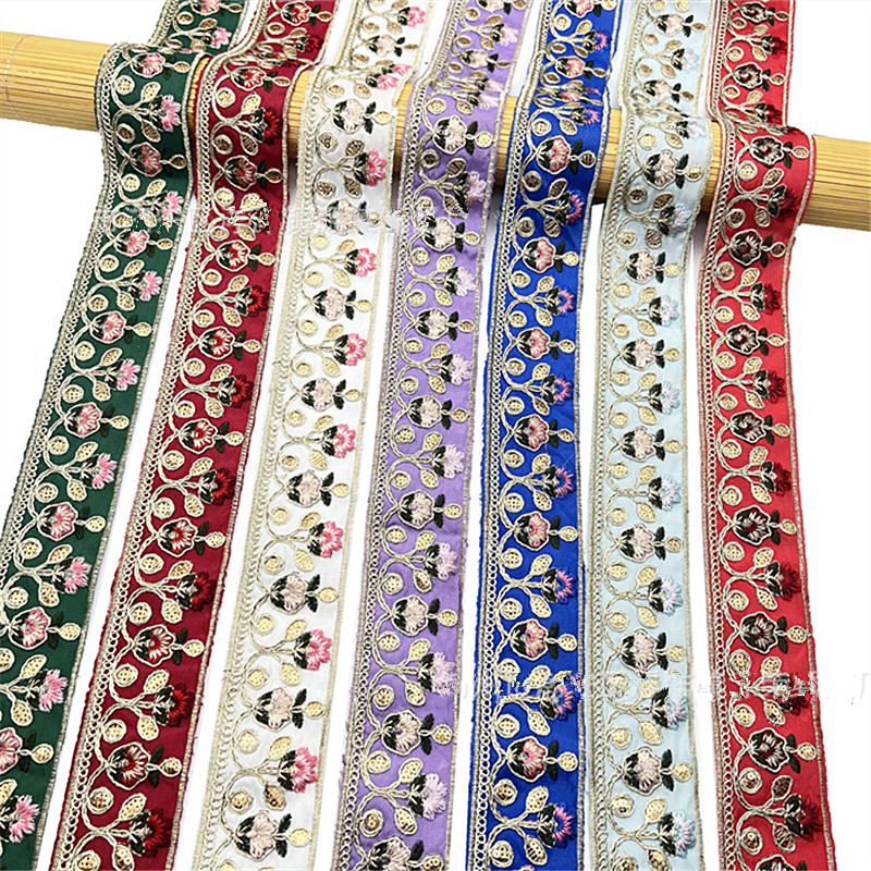 5CM Ethnic style gold thread embroidery lace trimming Collar sequin webbing Retro clothing accessories ZB036