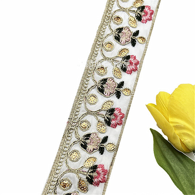 5CM Ethnic style gold thread embroidery lace trimming Collar sequin webbing Retro clothing accessories ZB036