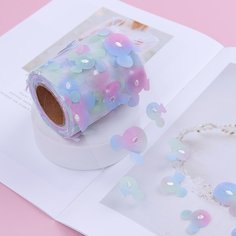 6cm*10yards  Embroidery heat transfer colorful flowers mesh roll,Colorful Mickey Head ,diy handmade material webbing  HX096-2