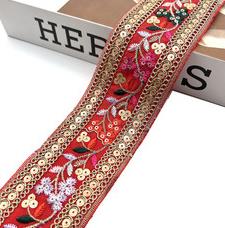 5.5cm width Laminate embroidery gold thread ethnic lace accessories  Embroidery Fabric Sewing Textile Webbing Sequined Flower Lace Ribbon For Dress ZB038