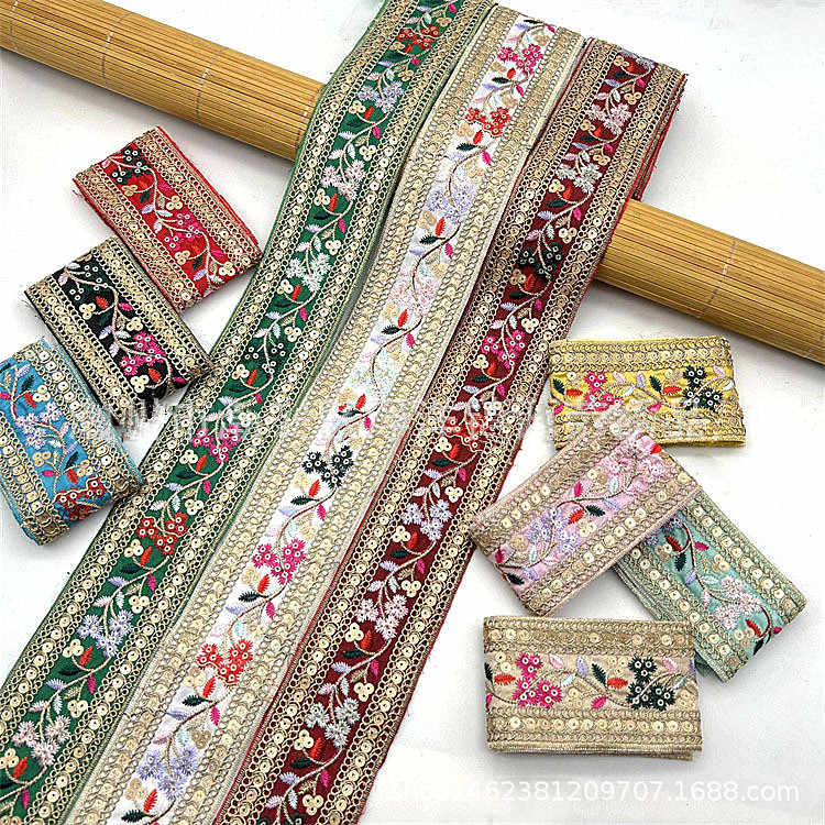 5.5cm width Laminate embroidery gold thread ethnic lace accessories  Embroidery Fabric Sewing Textile Webbing Sequined Flower Lace Ribbon For Dress ZB038