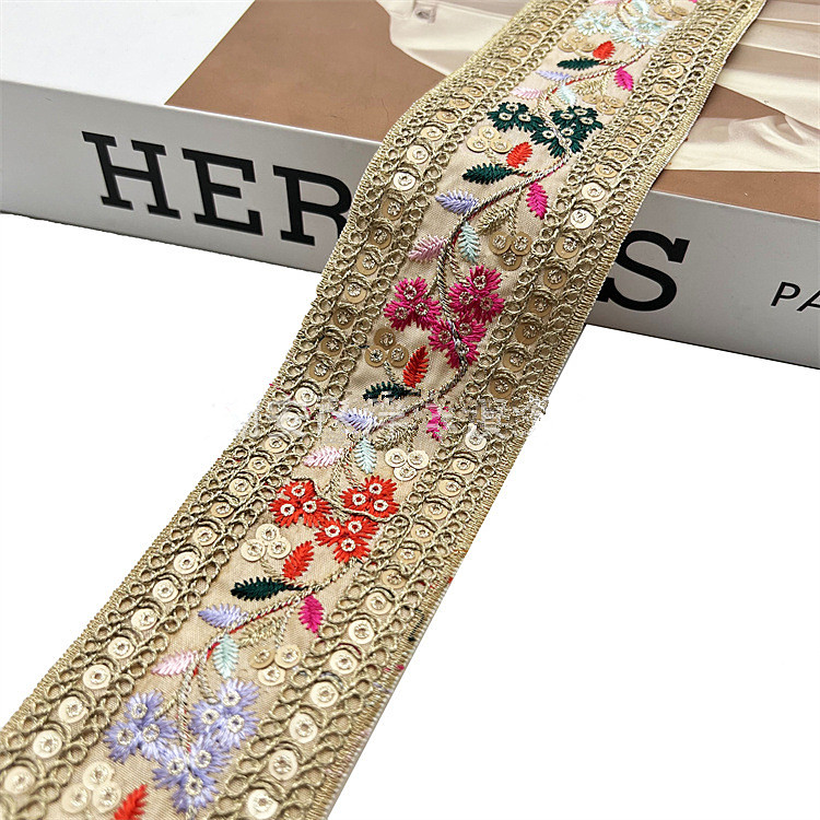 5.5cm width Laminate embroidery gold thread ethnic lace accessories  Embroidery Fabric Sewing Textile Webbing Sequined Flower Lace Ribbon For Dress ZB038