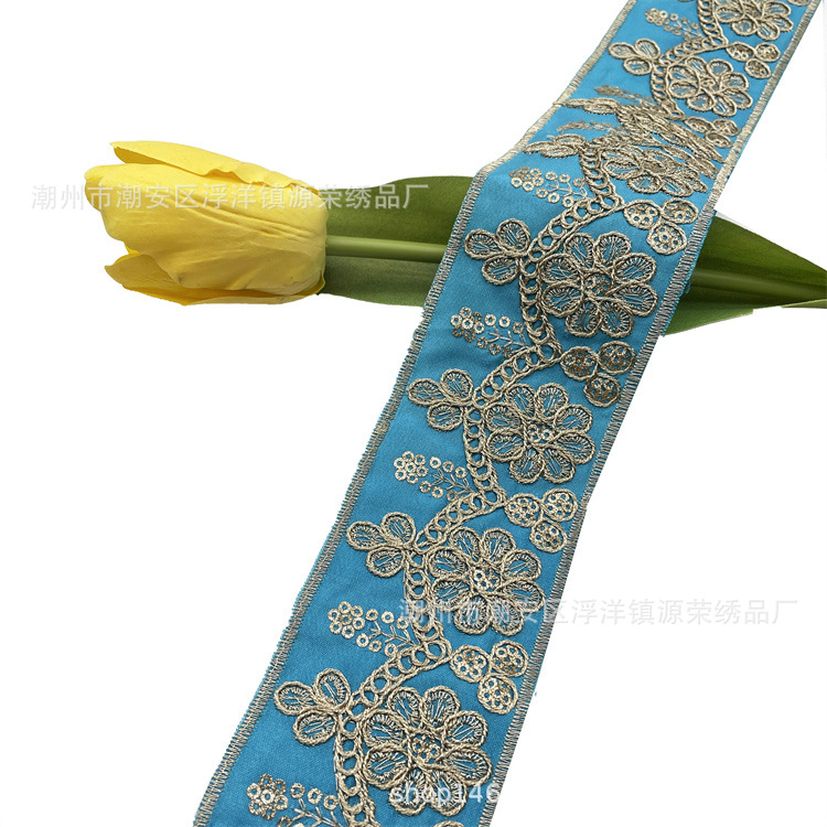 5.5cm width Embroidered bar code lace gold strand sequin cuff skirt lace Minority lace accessories ZB042