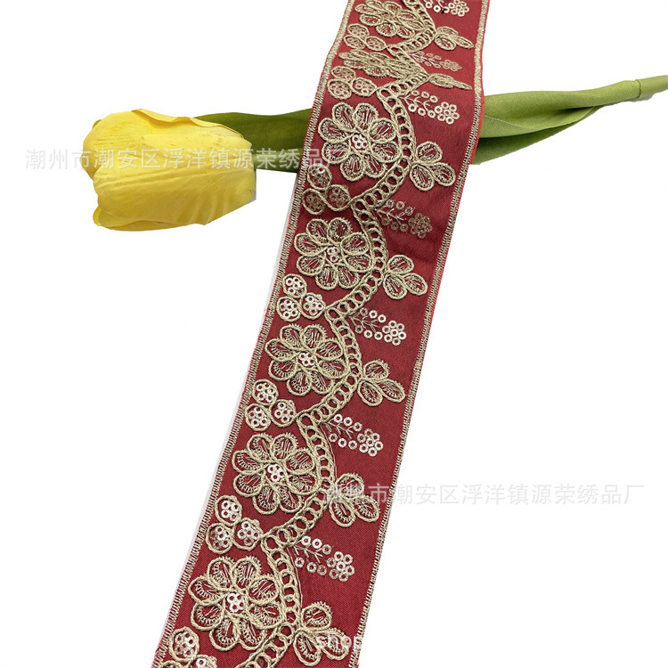 5.5cm width Embroidered bar code lace gold strand sequin cuff skirt lace Minority lace accessories ZB042