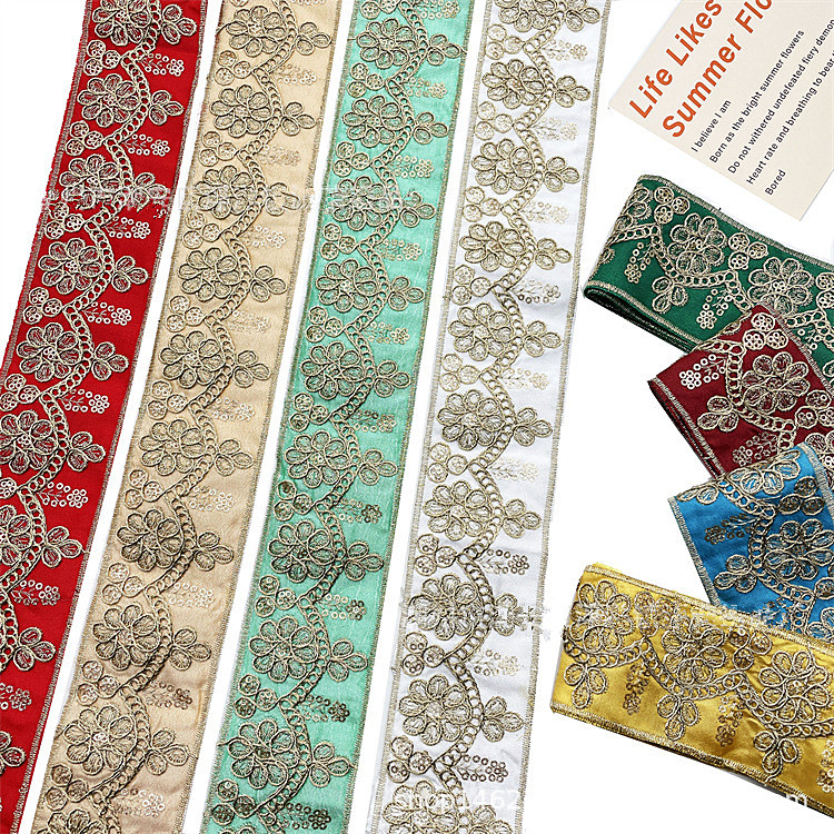 5.5cm width Embroidered bar code lace gold strand sequin cuff skirt lace Minority lace accessories ZB042