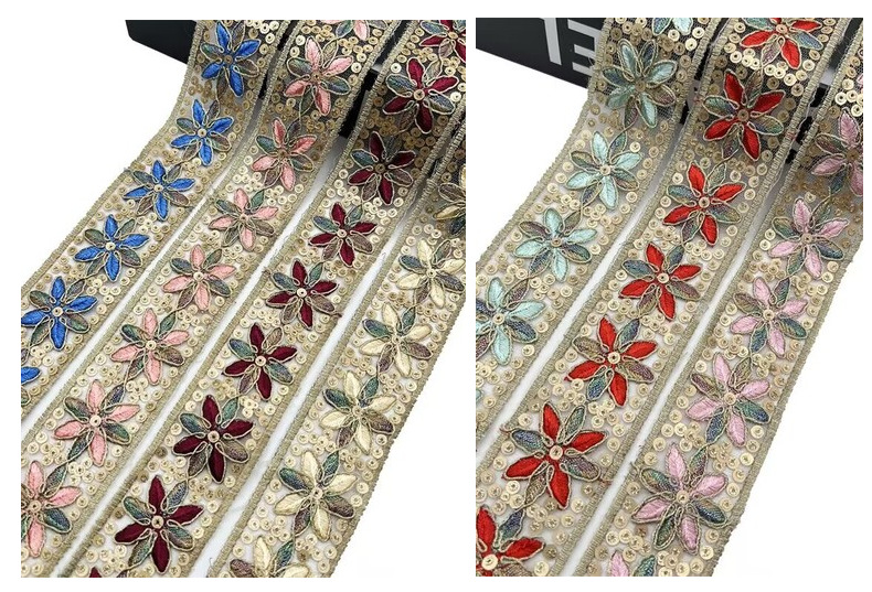 Width 4.5cm sequins corded lace Ribbon handmade embroidered organza lace trim bar code for clothing decoration ZB043