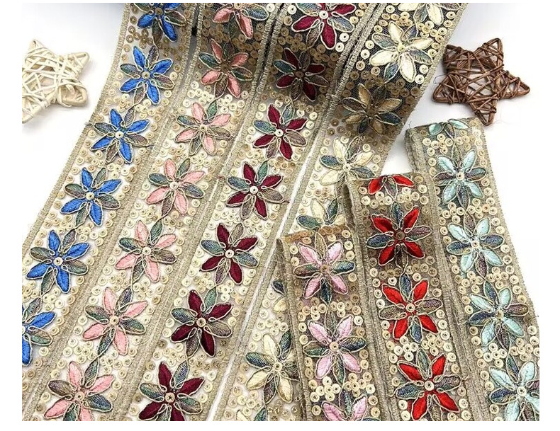 Width 4.5cm sequins corded lace Ribbon handmade embroidered organza lace trim bar code for clothing decoration ZB043