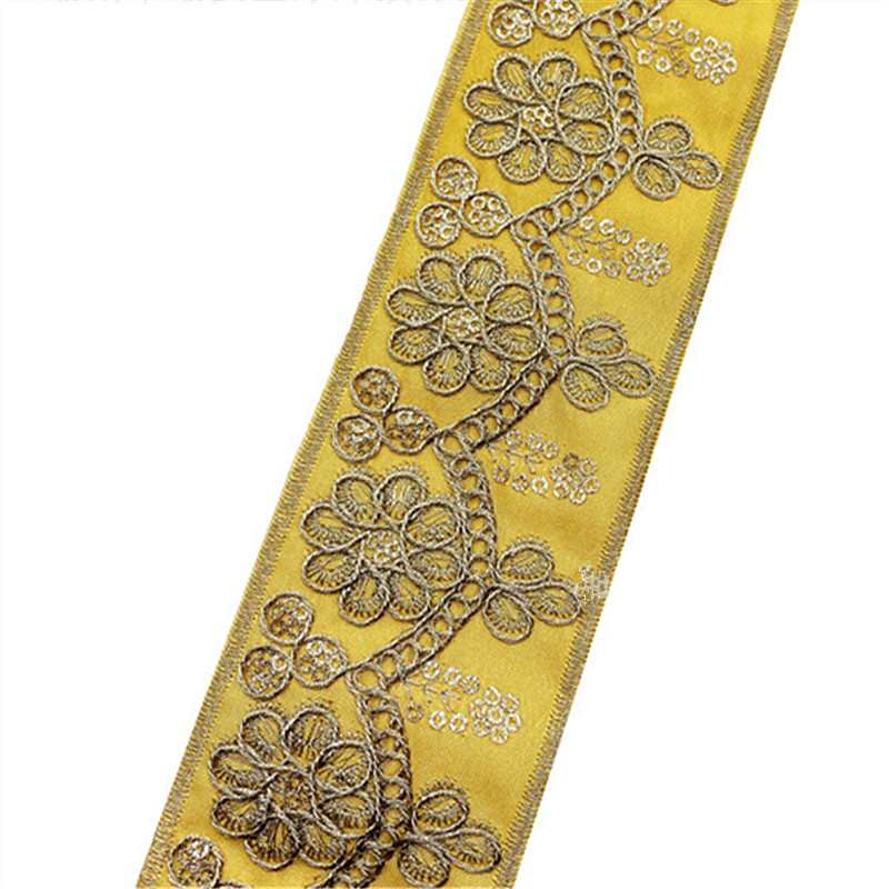 5.5cm width Embroidered bar code lace gold strand sequin cuff skirt lace Minority lace accessories ZB042