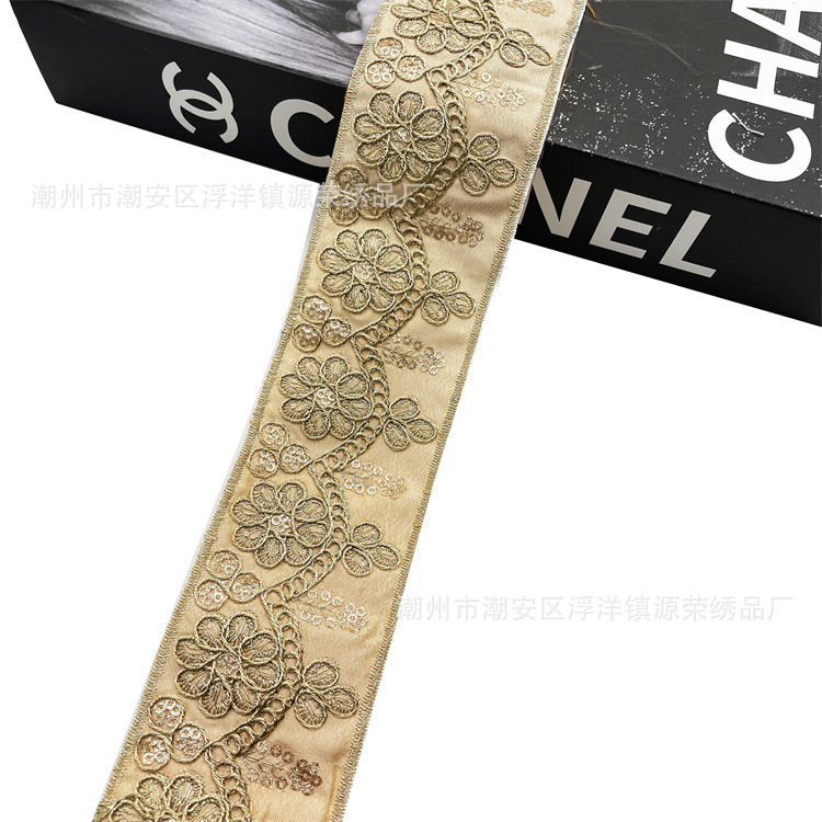 5.5cm width Embroidered bar code lace gold strand sequin cuff skirt lace Minority lace accessories ZB042