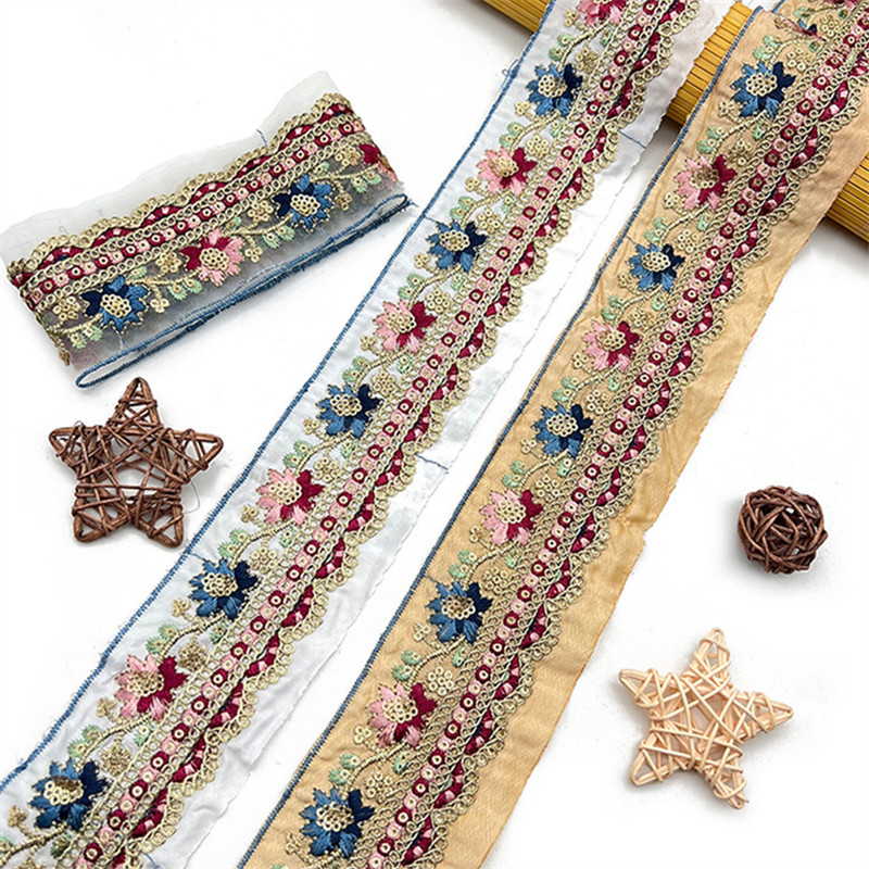 National Wind Glitter gold powder sequins gold strands embroidered lace colorful cuff lace trim bar code for clothing decoration ZB045