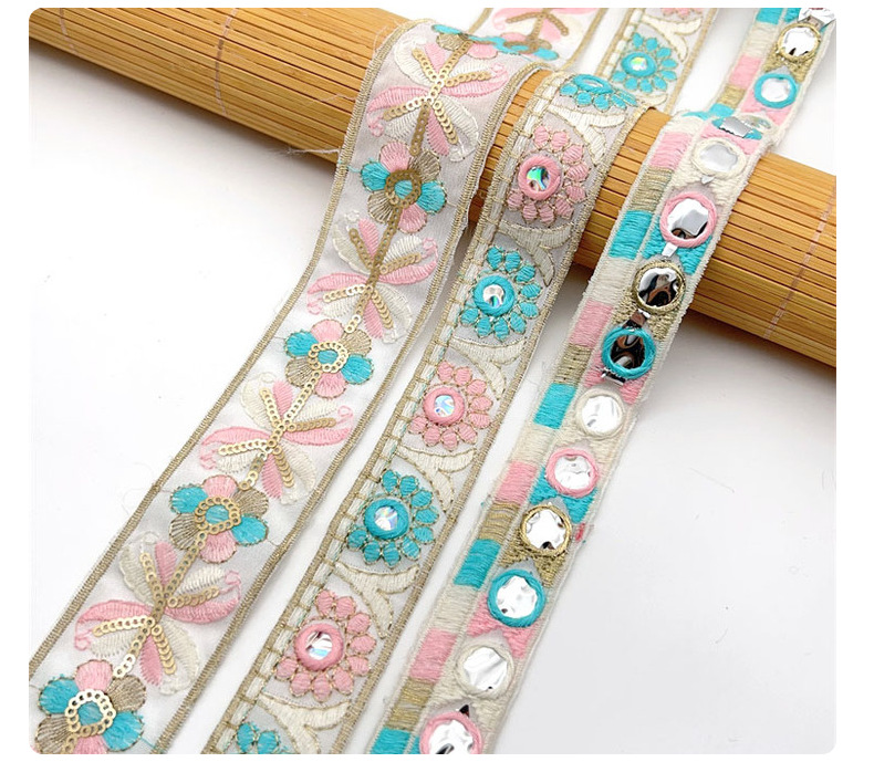 Retro dai national style sequins embroidered gold strand rope ribbon, performance dress belt decoration ethnic lace ZB044