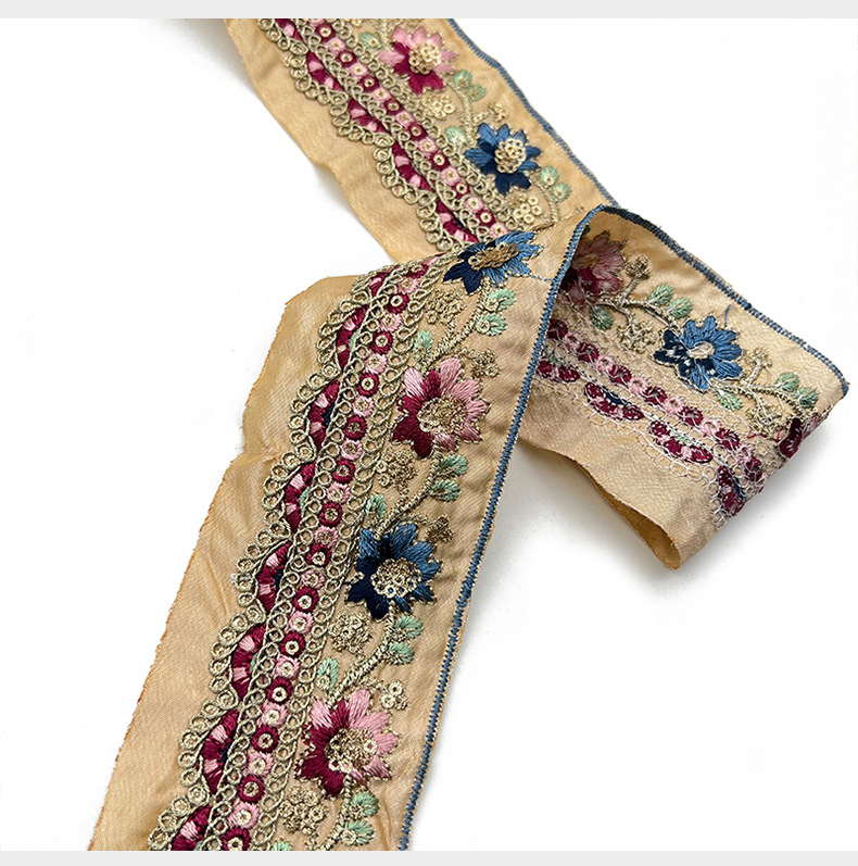 National Wind Glitter gold powder sequins gold strands embroidered lace colorful cuff lace trim bar code for clothing decoration ZB045