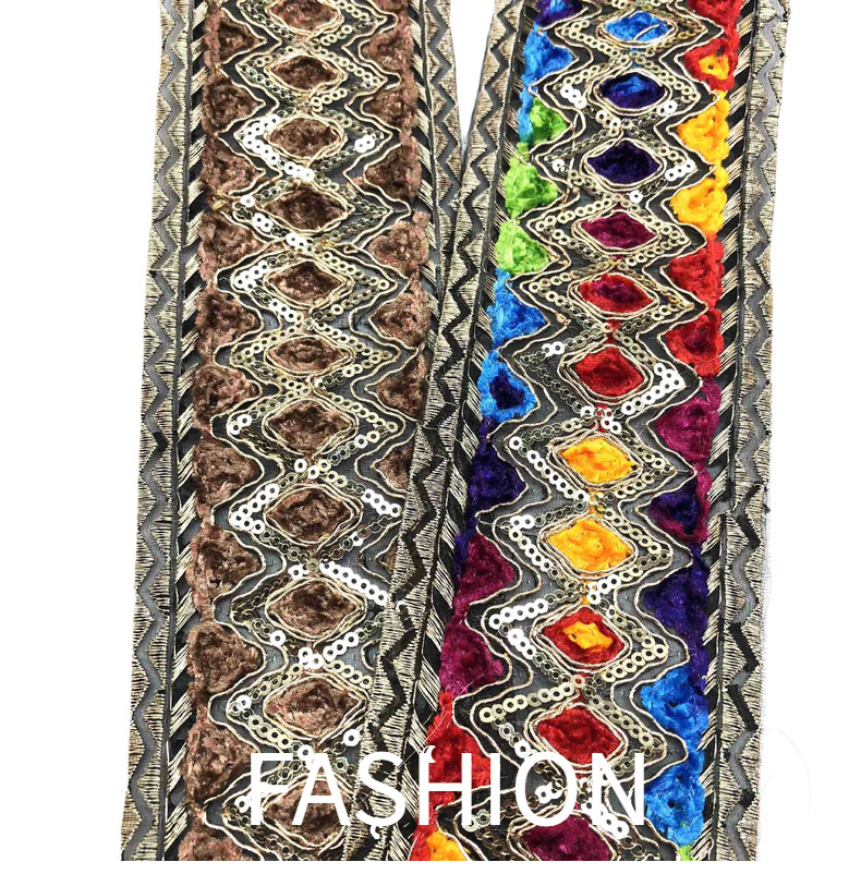 8cm width Color retro-national embroidery sequins lace, organza lozenge clothing accessories ZB049