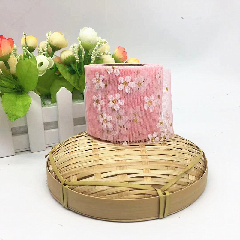 6cm/8cm*25yards Offset printed golden dot small plum blossom tulle ribbon,DIY birthday party decorations,hair bow W001