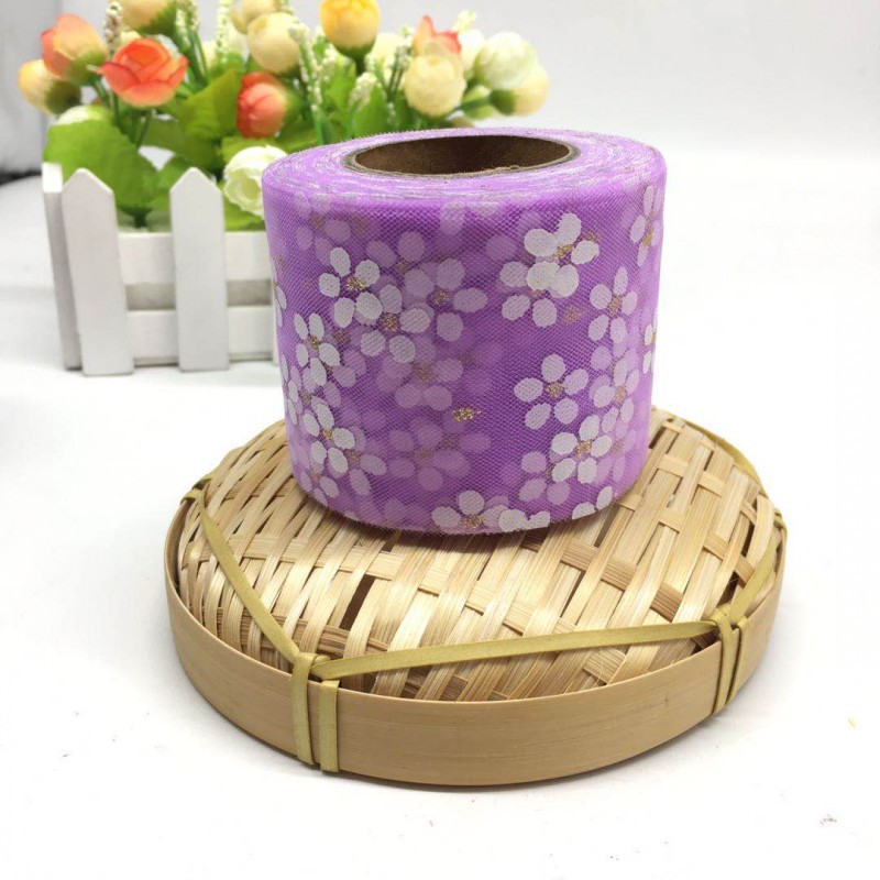 6cm/8cm*25yards Offset printed golden dot small plum blossom tulle ribbon,DIY birthday party decorations,hair bow W001