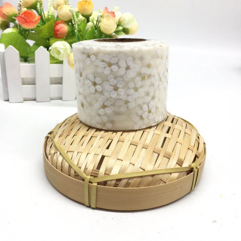 6cm/8cm*5yards  Offset printed golden dot small plum blossom tulle ribbon,DIY birthday party decorations,hair bow  W001