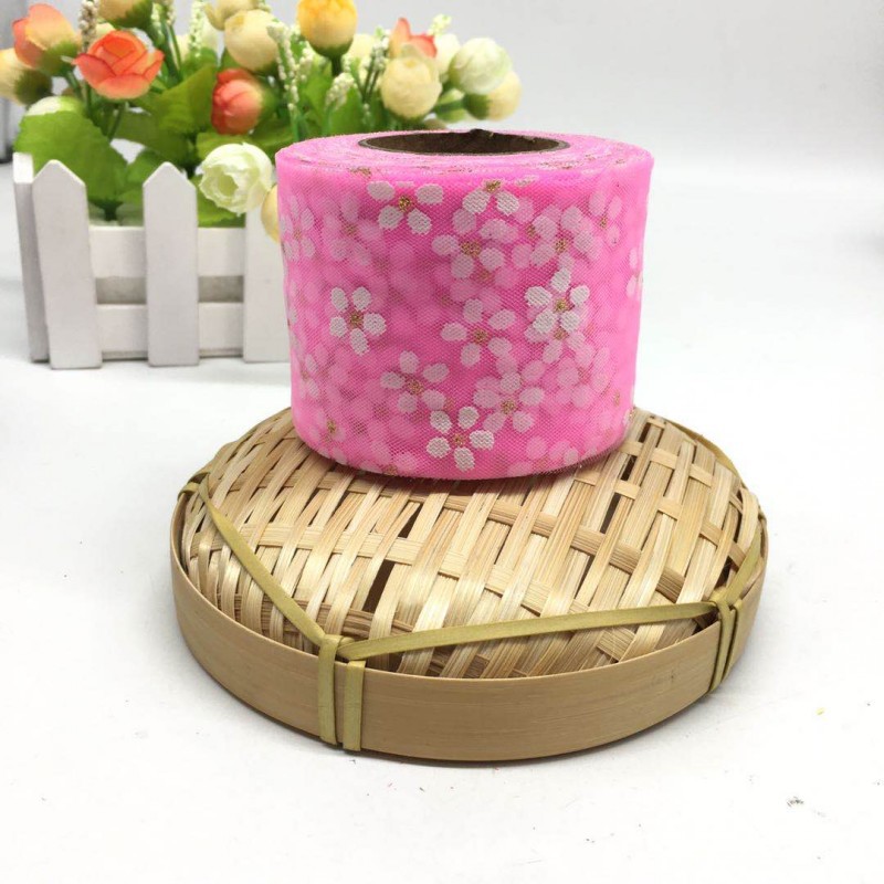 6cm/8cm*25yards Offset printed golden dot small plum blossom tulle ribbon,DIY birthday party decorations,hair bow W001