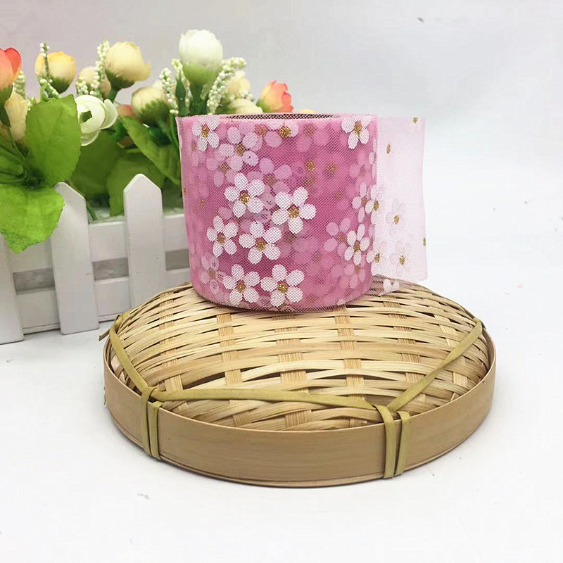 6cm/8cm*25yards Offset printed golden dot small plum blossom tulle ribbon,DIY birthday party decorations,hair bow W001