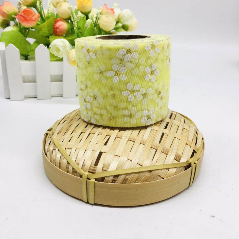 6cm/8cm*25yards Offset printed golden dot small plum blossom tulle ribbon,DIY birthday party decorations,hair bow W001