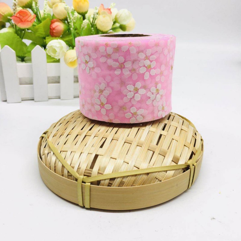 6cm/8cm*25yards Offset printed golden dot small plum blossom tulle ribbon,DIY birthday party decorations,hair bow W001