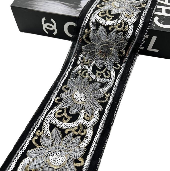 9.5cm wide silver sequin embroidered ribbon, national style black cloth base Miao clothing accessories ZB051
