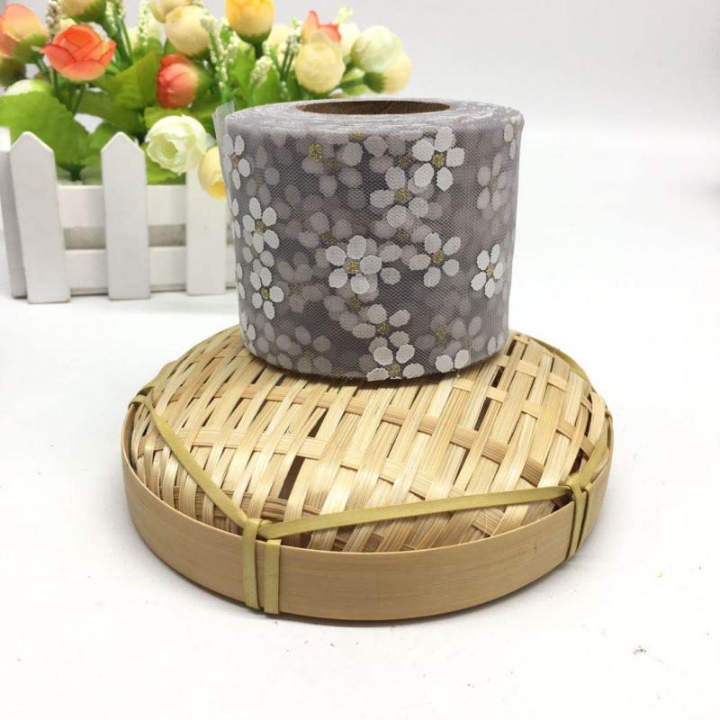 6cm/8cm*25yards Offset printed golden dot small plum blossom tulle ribbon,DIY birthday party decorations,hair bow W001