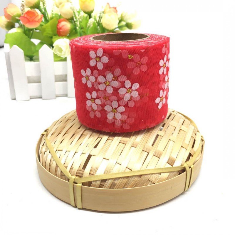 6cm/8cm*25yards Offset printed golden dot small plum blossom tulle ribbon,DIY birthday party decorations,hair bow W001