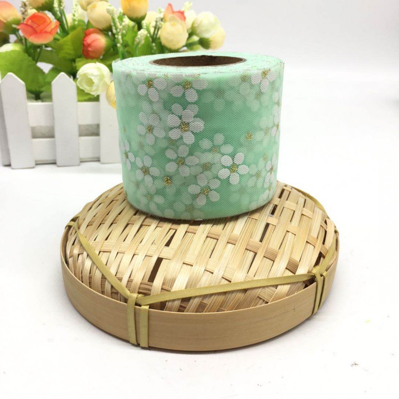 6cm/8cm*25yards Offset printed golden dot small plum blossom tulle ribbon,DIY birthday party decorations,hair bow W001