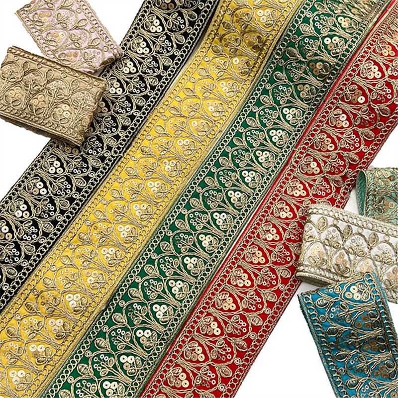 Gold strand rope laminate embroidery minority wind lace  Bohemian style gold strand woven ribbon Nordic embroidered sequin jacquard lace trimming ZB048