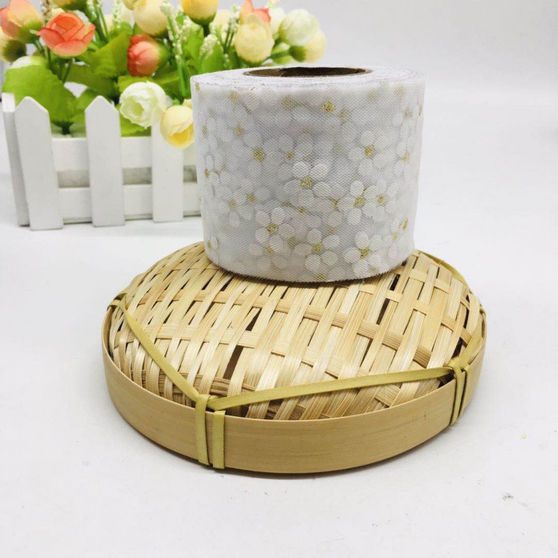6cm/8cm*25yards Offset printed golden dot small plum blossom tulle ribbon,DIY birthday party decorations,hair bow W001