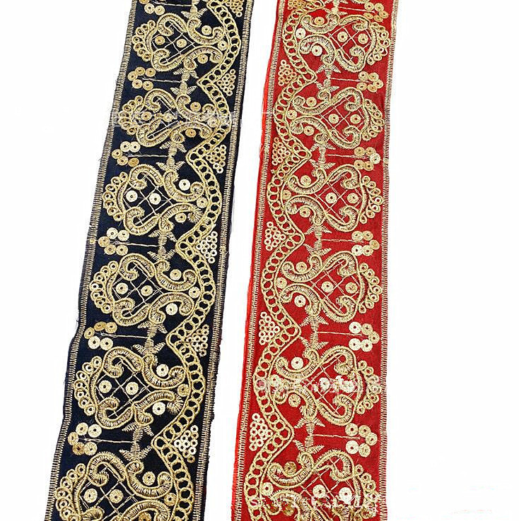Golden sequins corded lace Ribbon handmade embroidered curtain lace trim bar code for clothing decoration ZB056