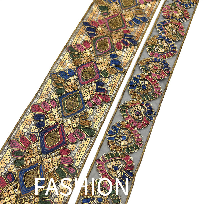 retro heavy industry national double stack sequin lace Sequin Golden Thread Embroidered Lace Trim Ribbon DIY Clothes Garment Sewing  ZB059