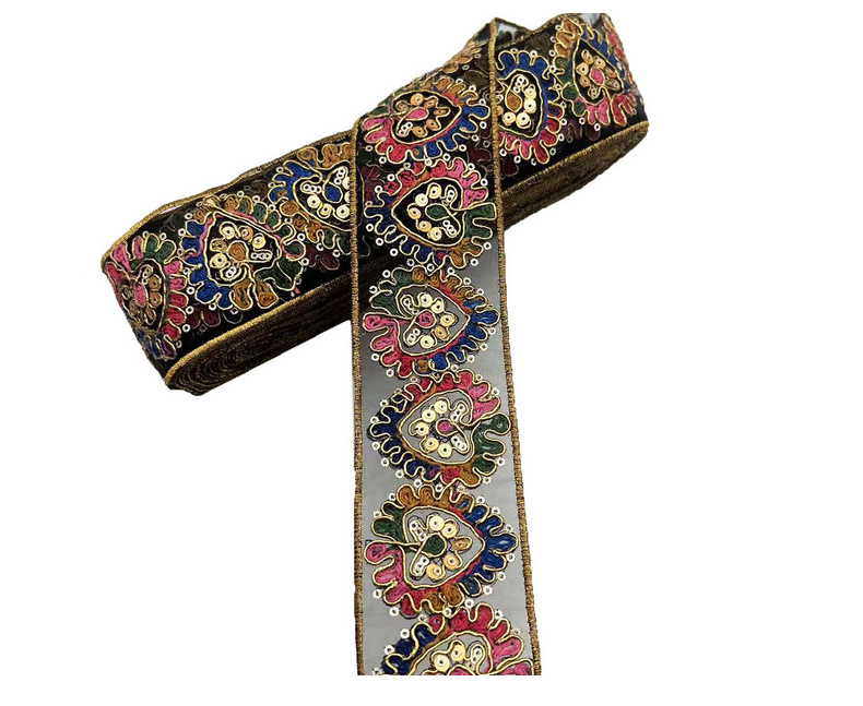 retro heavy industry national double stack sequin lace Sequin Golden Thread Embroidered Lace Trim Ribbon DIY Clothes Garment Sewing  ZB059