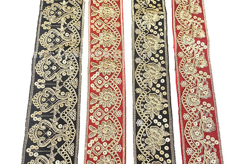 Golden sequins corded lace Ribbon handmade embroidered curtain lace trim bar code for clothing decoration ZB056