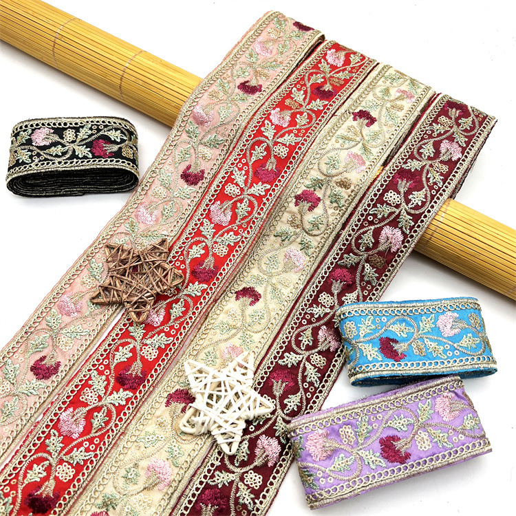 4.5cm gold strand cord sequin bar code bohemian style ethnic lace Embroidered Fabric Woven Ribbon Vintage Ethnic Embroidery Lace Ribbon  ZB060