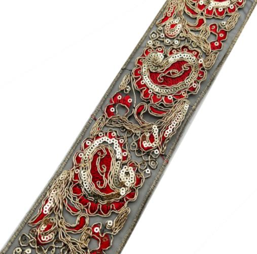 Gold quill red lace with organza retro Ethnic Style lace ribbon tulle Sequins bar code Golden Corded embroidery lace trim for clothing accessories ZB062