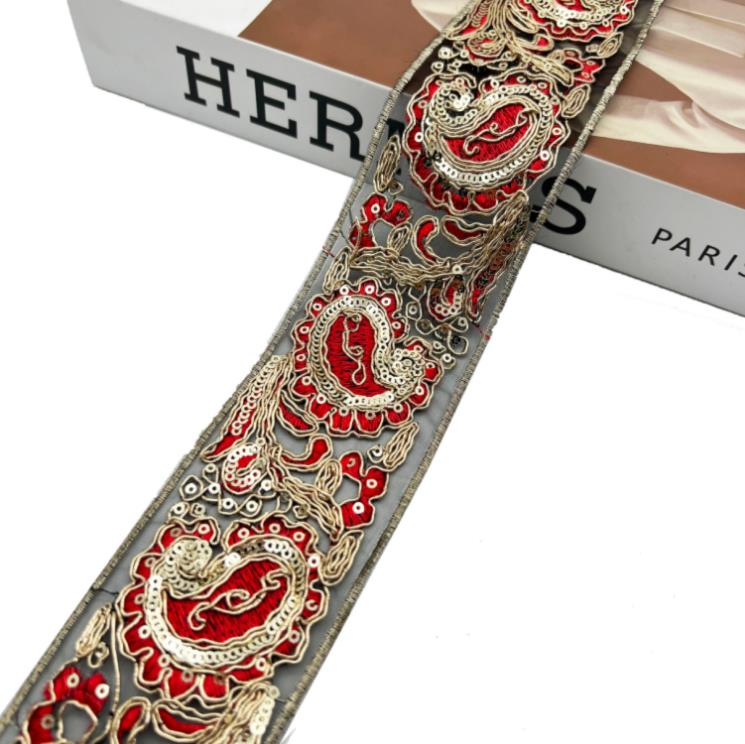 Gold quill red lace with organza retro Ethnic Style lace ribbon tulle Sequins bar code Golden Corded embroidery lace trim for clothing accessories ZB062