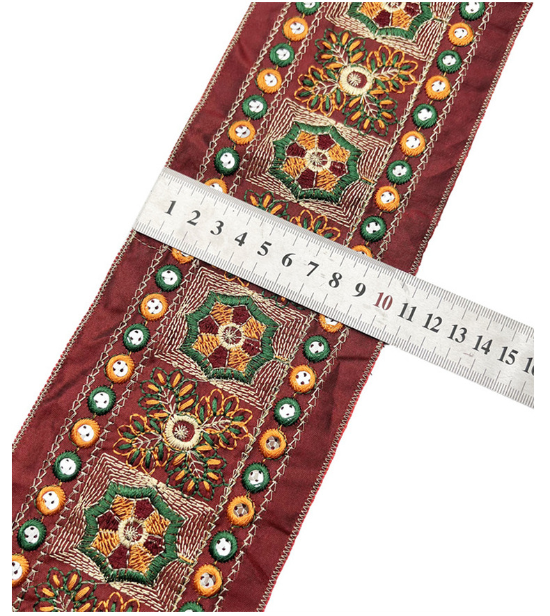 Polyester Eyelet Paillettes Sequin Floral Embroidered Vintage Ethnic Style Border Colorful Embroidery Lace Trim ZB065